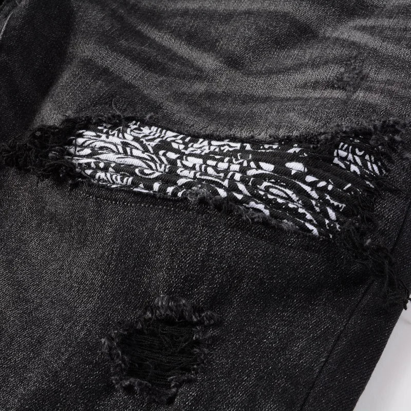 Men Bandanna Paisley Print Patch Jeans Streetweat Patchwork