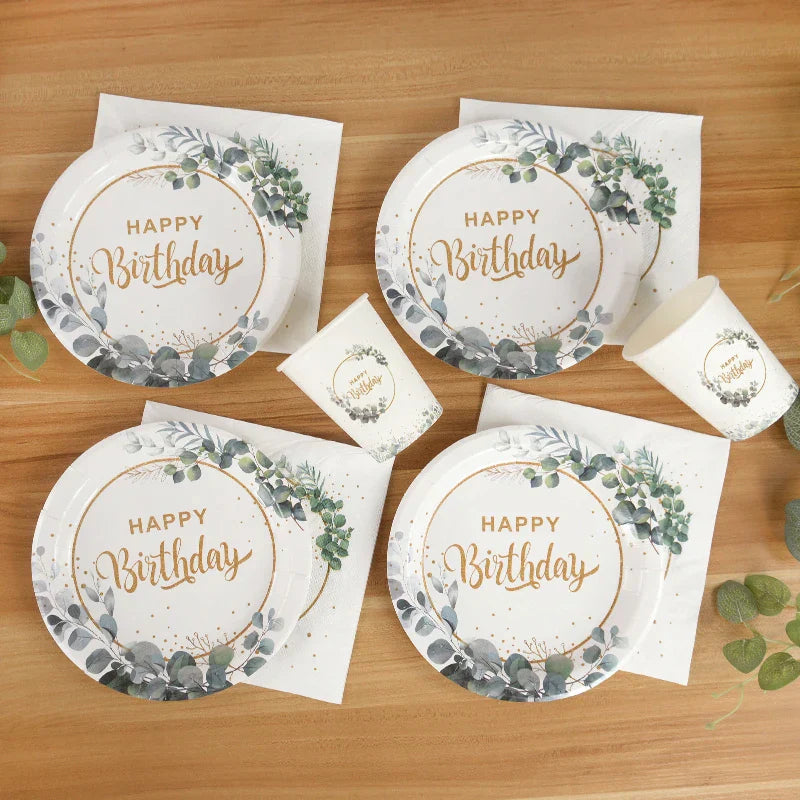 85Pcs Green Eucalyptus Leaf Disposable Tableware Set Paper