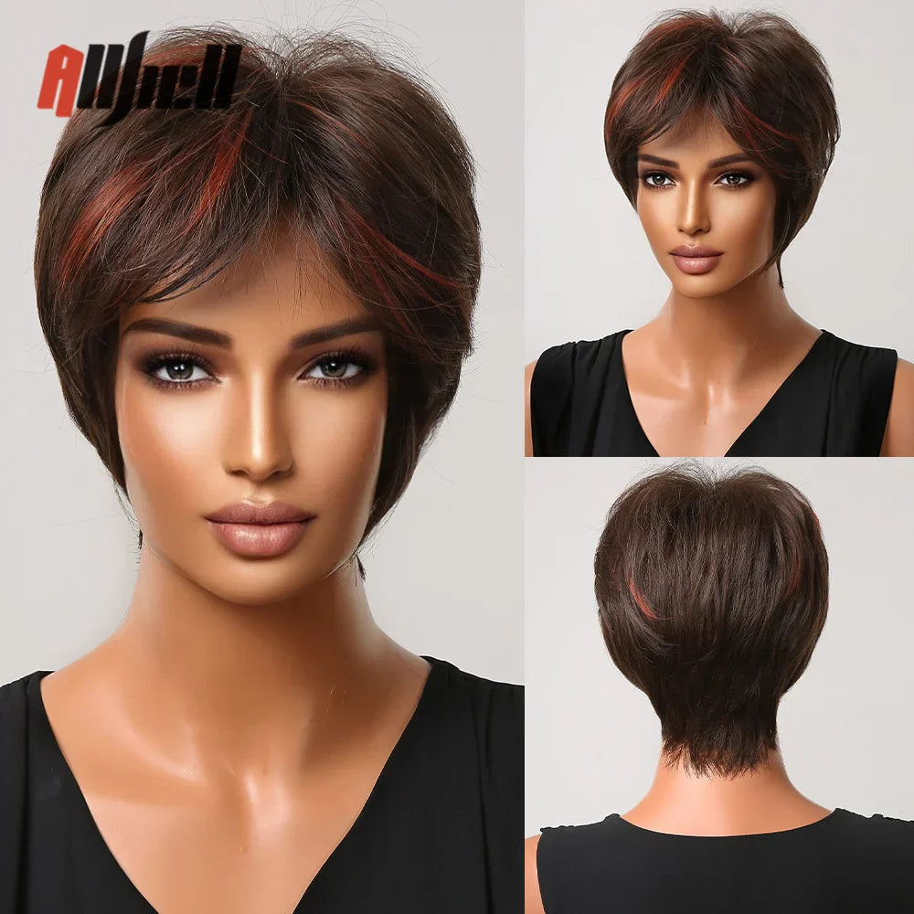 Short Pixie Cut Wig with Highlight Straight Chocolate