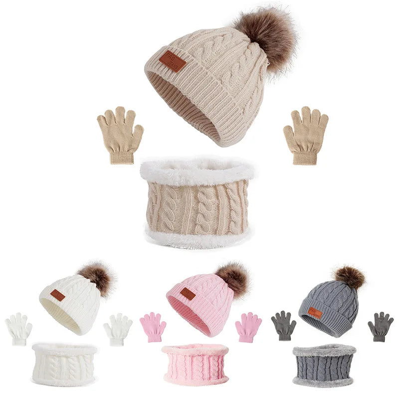 3PCS Set Cute Wool Pompom Baby Hat Scarf