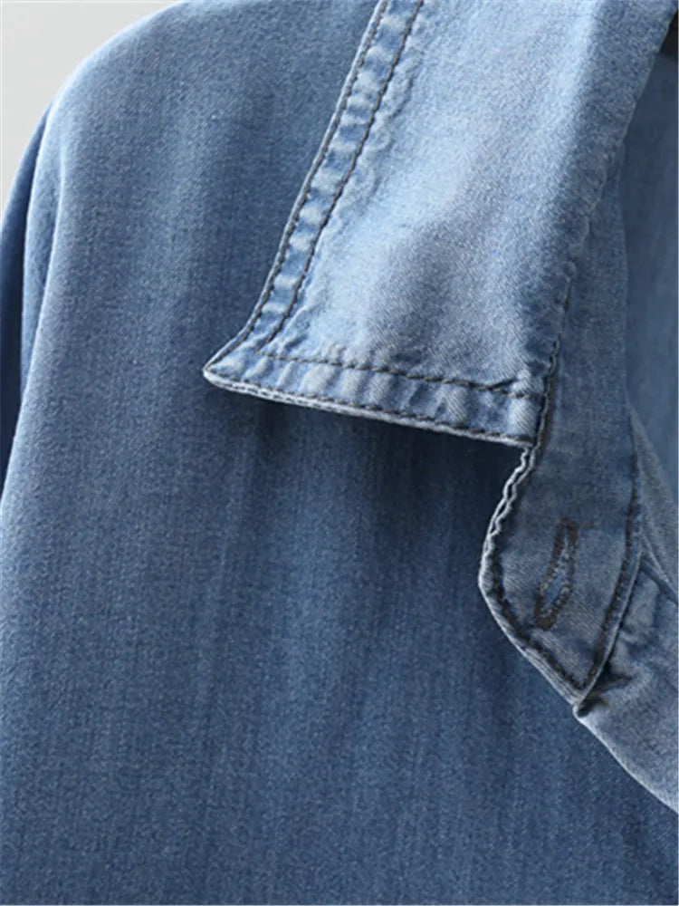 Plus Size Women's Clothing Blouses&Shirt Spring And Autumn Denim Shirt Long-Sleeved Lapel Shirt Thin Soft Basic Shirts Oversize