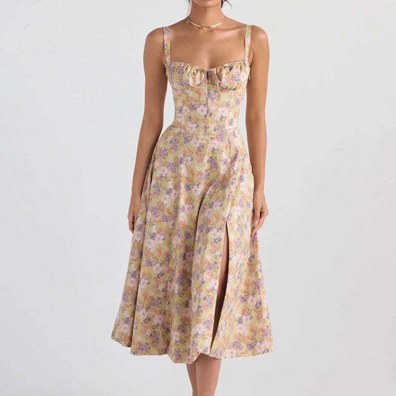 Women Summer Boho Spaghetti Straps Split Thigh Midi
