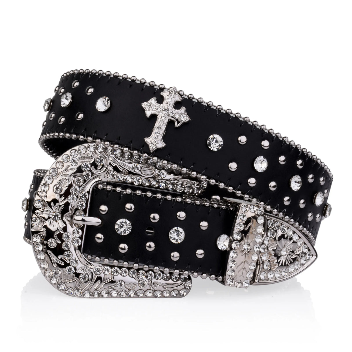 Black Cross Rivet Belt Engraved Buckle Rhinestone Decor