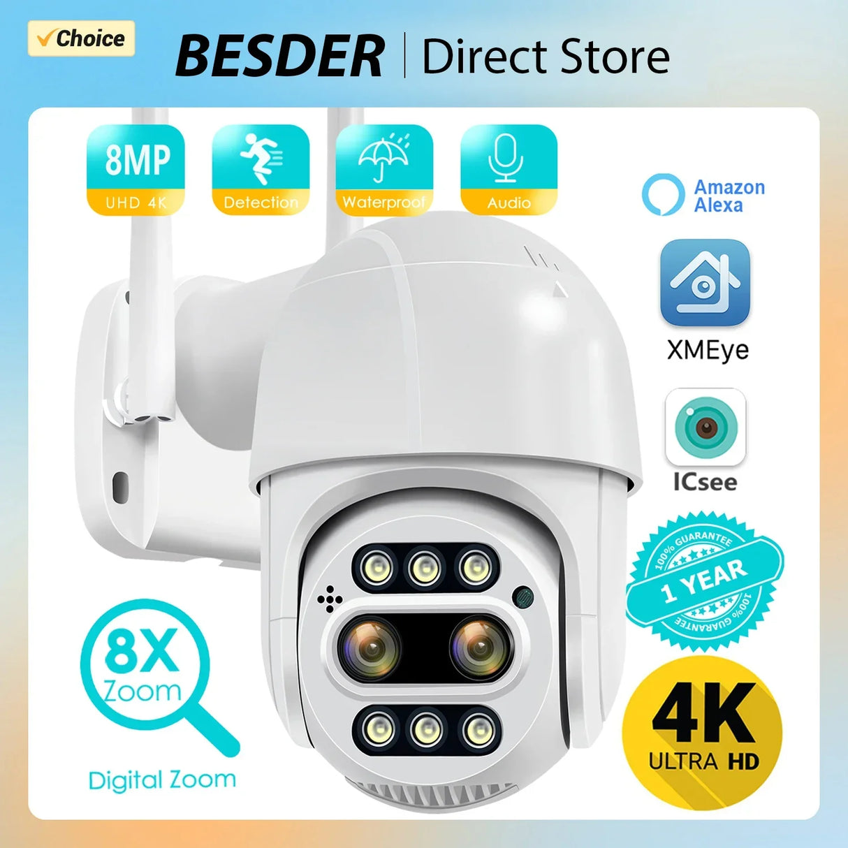 BESDER 8MP 4K PTZ IP Camera 8x Zoom