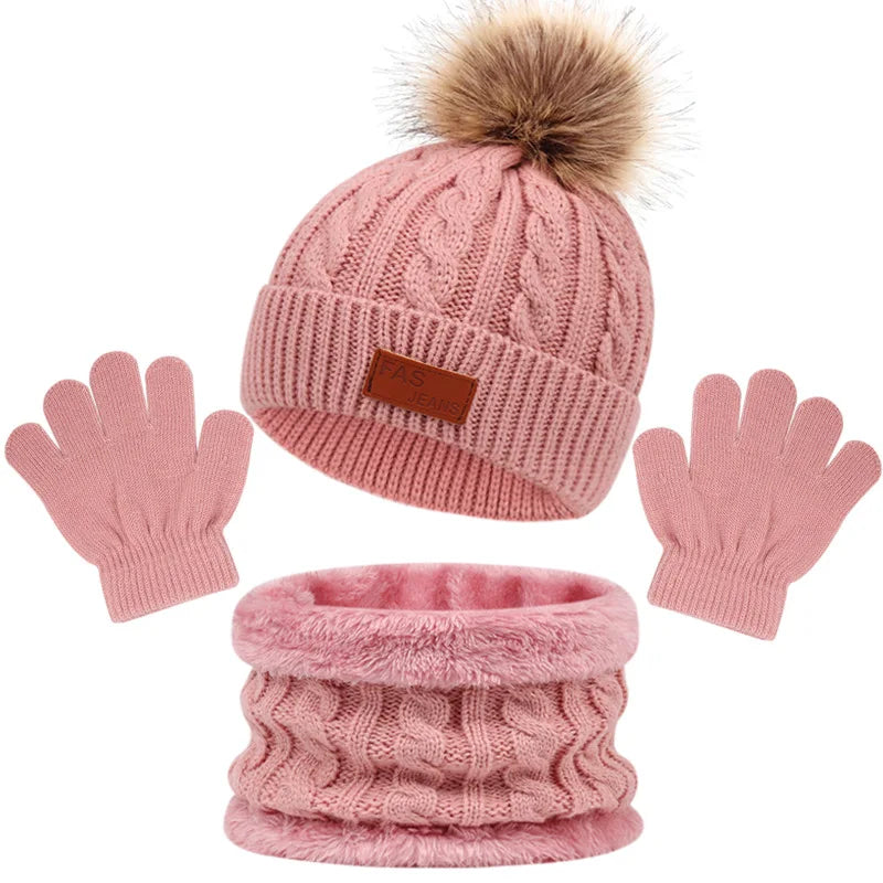 3PCS Set Cute Wool Pompom Baby Hat Scarf
