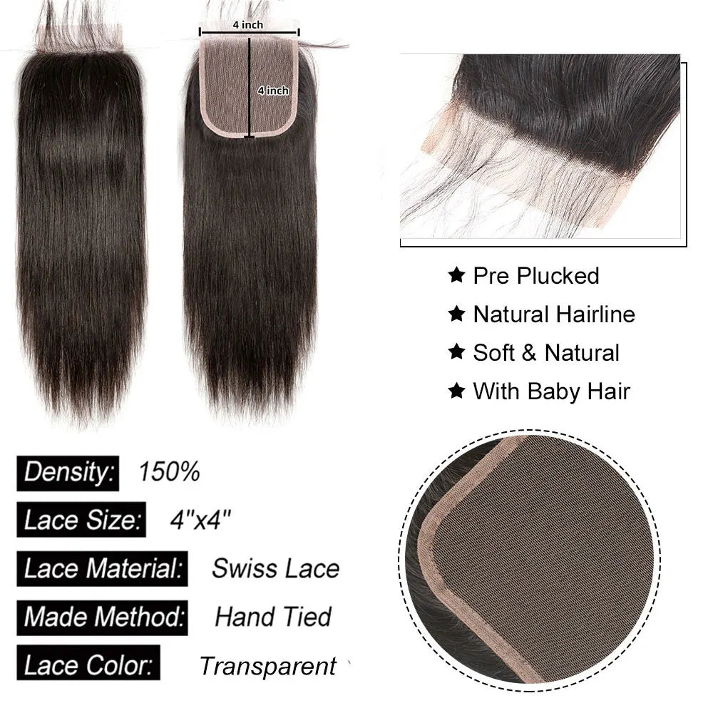 Straight 4x4 5x5 6x6 Lace Closure Human Hair