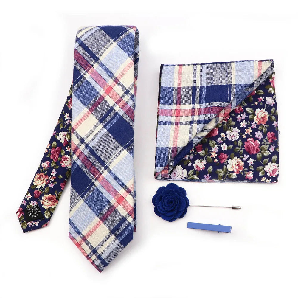 Two Side Floral Plaid Cotton Patchwork Tie Set