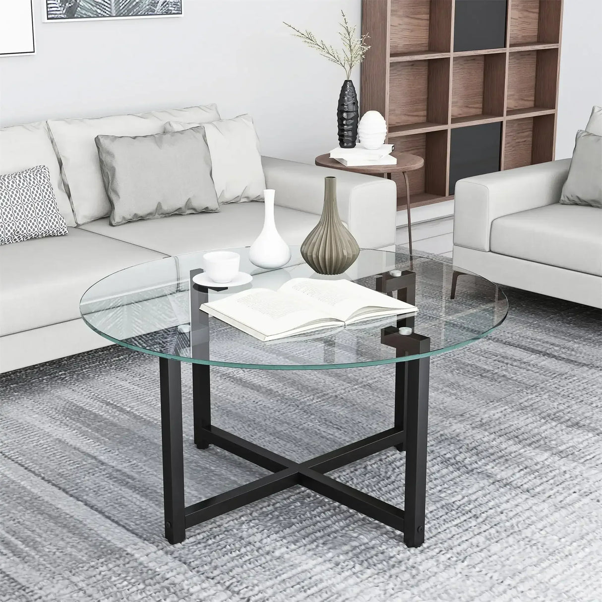 Rectangle Tempered Glass Coffee Table Metal Tube Legs