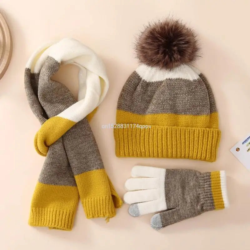 Kids Hat Scarf & Gloves Set Winter Pom