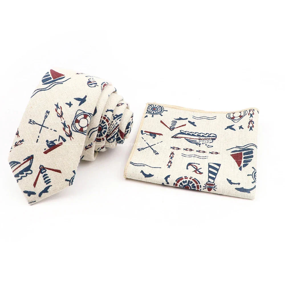 Men Linen Plant Ainmal Ties Set Pocket Handkerchief