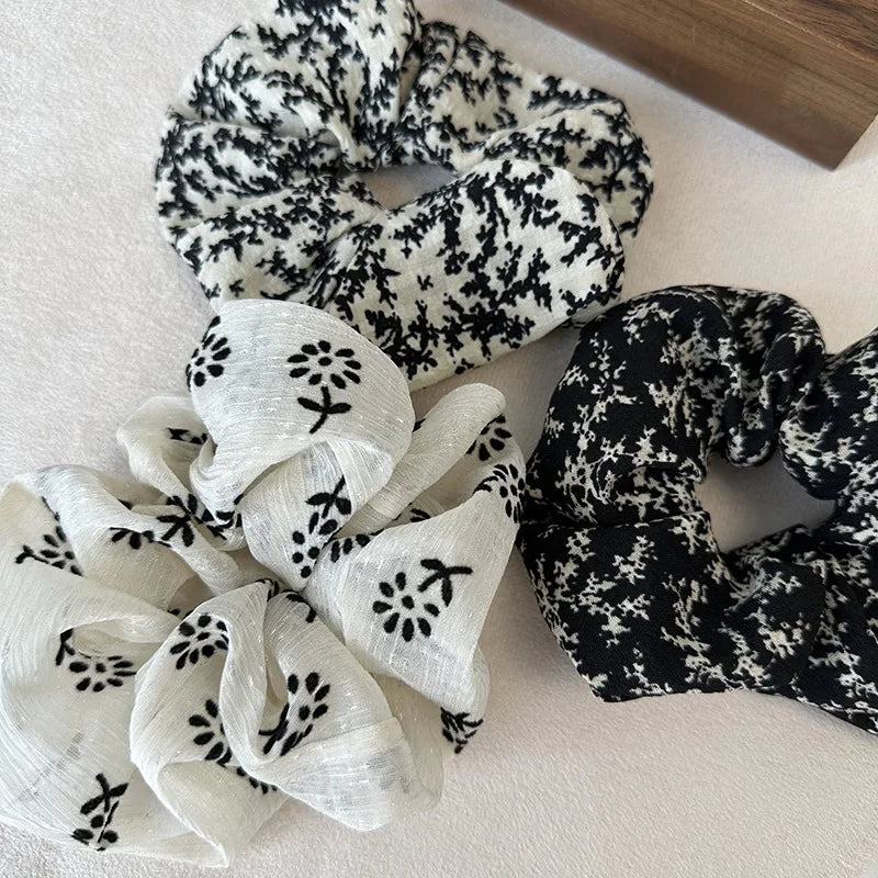 New Vintage Scrunchies Black White Flower Print Hair