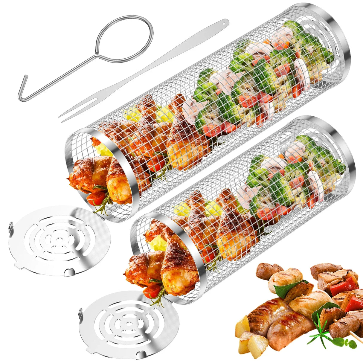 Stainless Steel BBQ Grill Basket Set Cylinder Barbecue