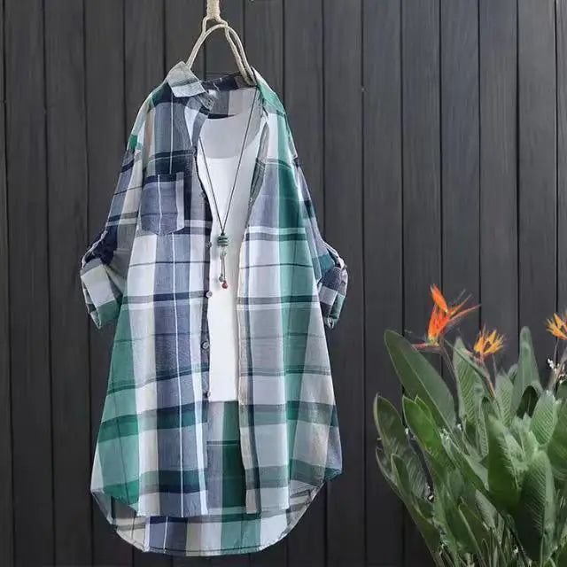 Plus Size Cotton Mid Length Plaid Print Women