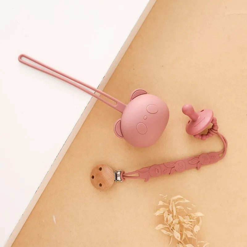 Baby Silicone Pacifier Holder Set BPA Free Food Grade Silicone Infant Travel Portable Storage Box Silicone Chain Nipple Set