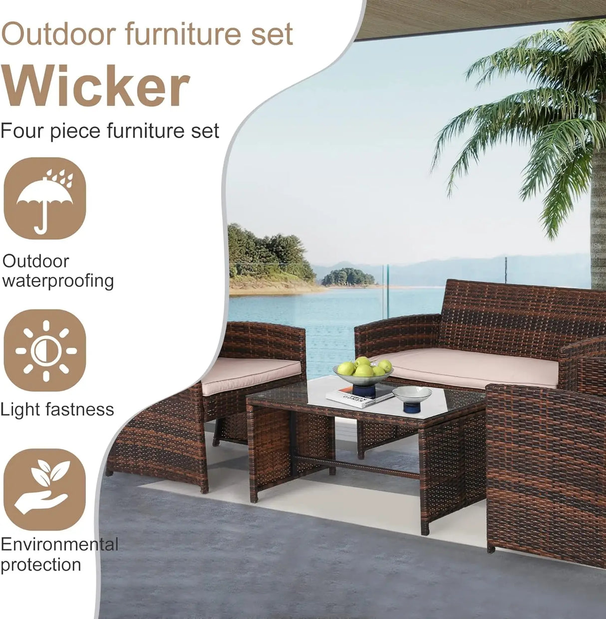 FDW 4 Pieces Outdoor Patio Furniture Sets Rattan