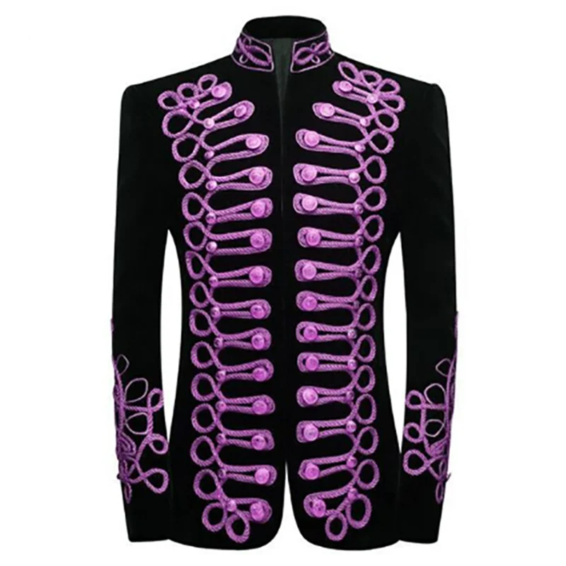 Mens Black Gold Embroidery Velvet Suit Blazer Party
