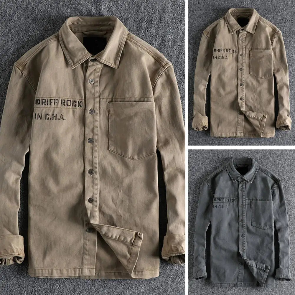 Men Shirt Coat Cargo Shirt Single-breasted Turn-down Collar