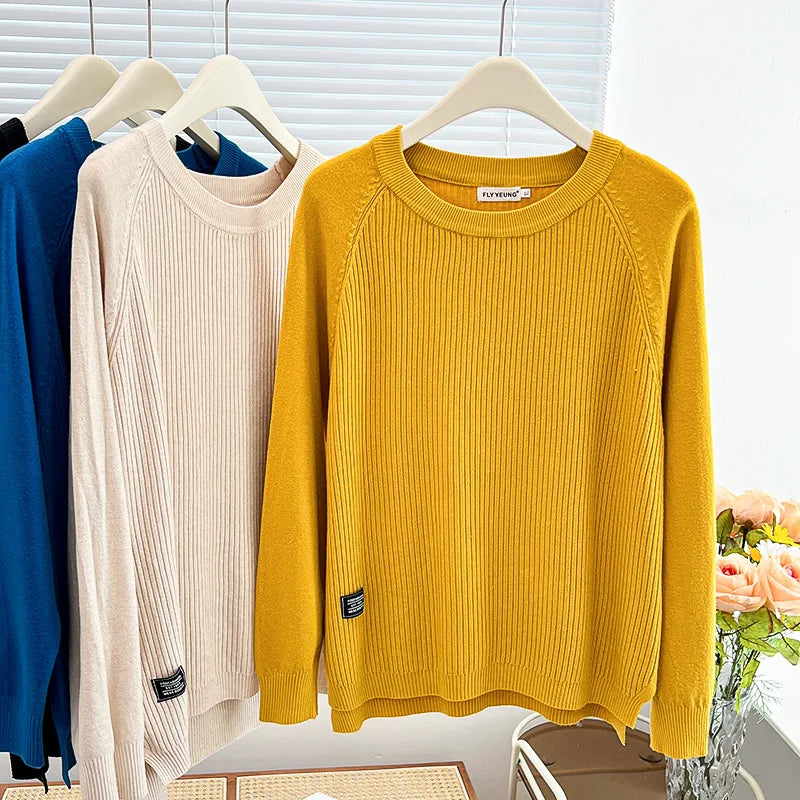Simple Label Hem Slit Knit Sweater Womens Plus