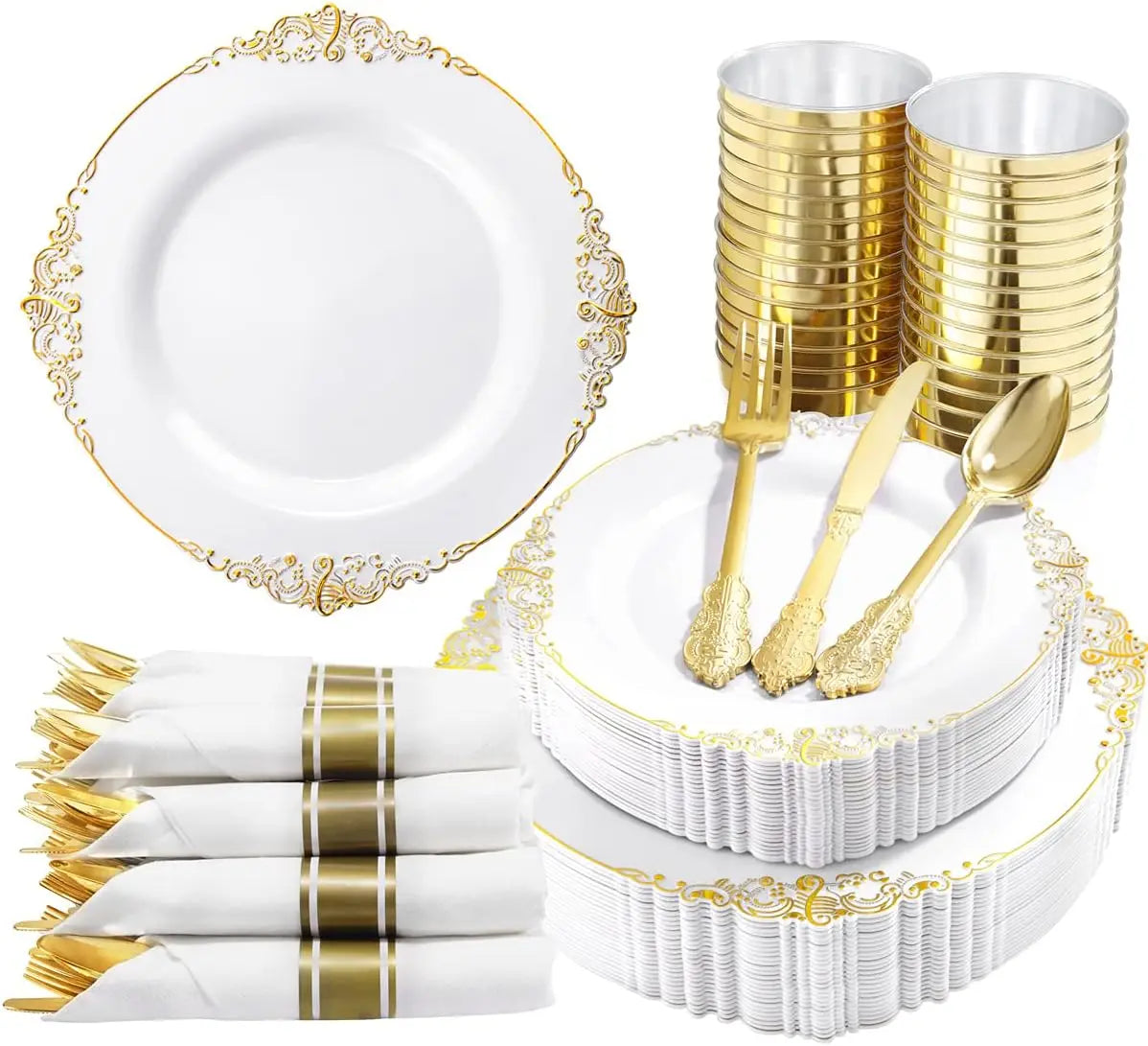 350PCS Gold Disposable Dinnerware Set for 50 Guests,