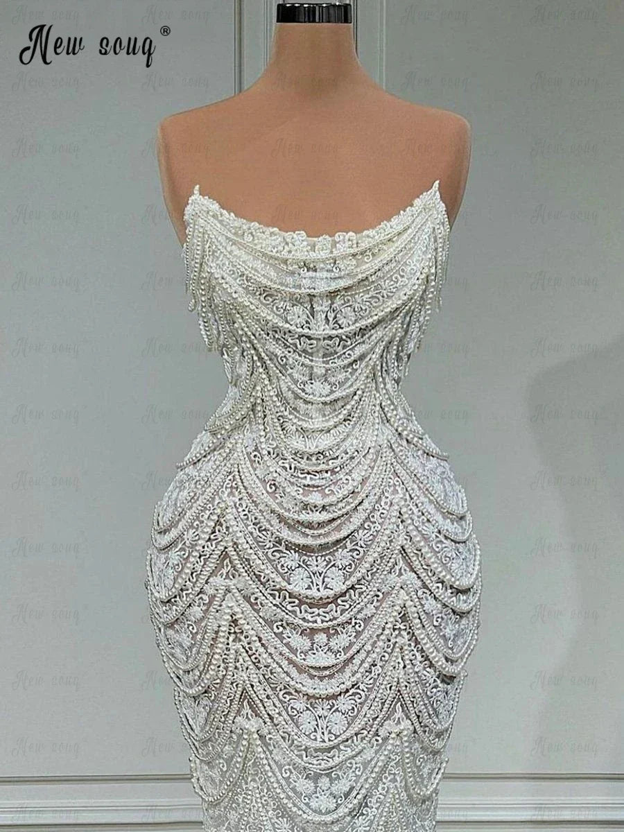 Elegant Lace Pearls Tassels Wedding Dress Boat Neck