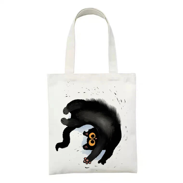Women Canvas Bag Funny Black Cat Print Female Reuseable Shopping Totebags Girls Students School Bookbags