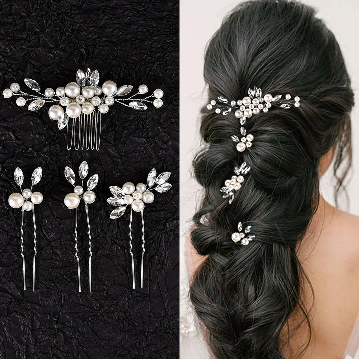 Pearl Flower Hairpin Side Comb Golden Leaf Shaped