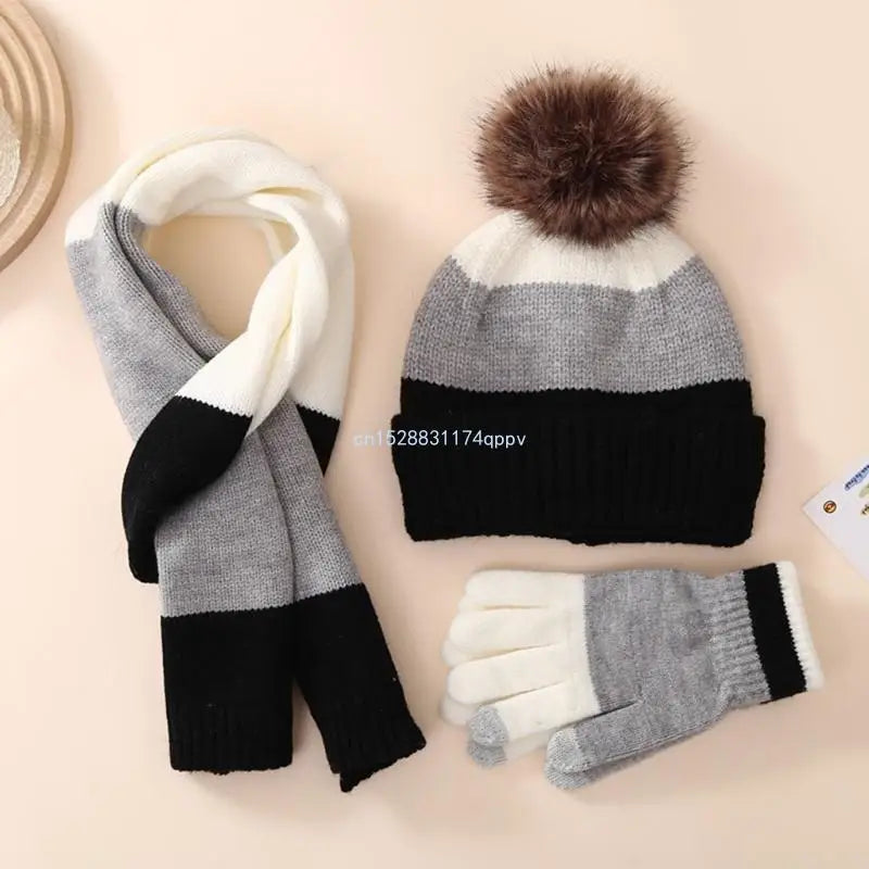 Kids Hat Scarf & Gloves Set Winter Pom