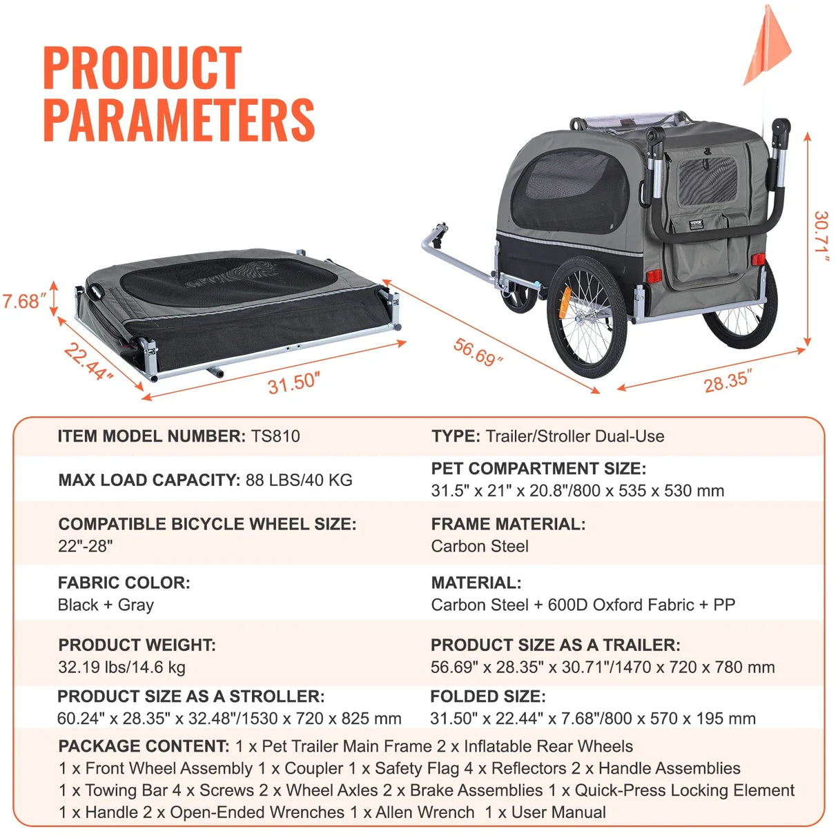 VEVOR 88 lbs 2-in-1 Pet Stroller Cart Dog