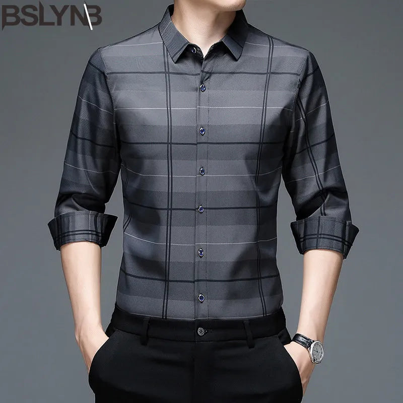 Spring Autumn Plaid Polo Shirt Men's Long Sleeve