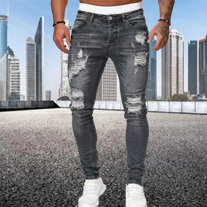 2024 New Ripped Skinny Jeans Men Vintage Wash