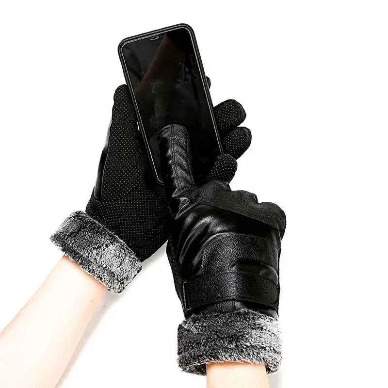 Leather Gloves Men's Winter Fleece Thickened Warm Touch