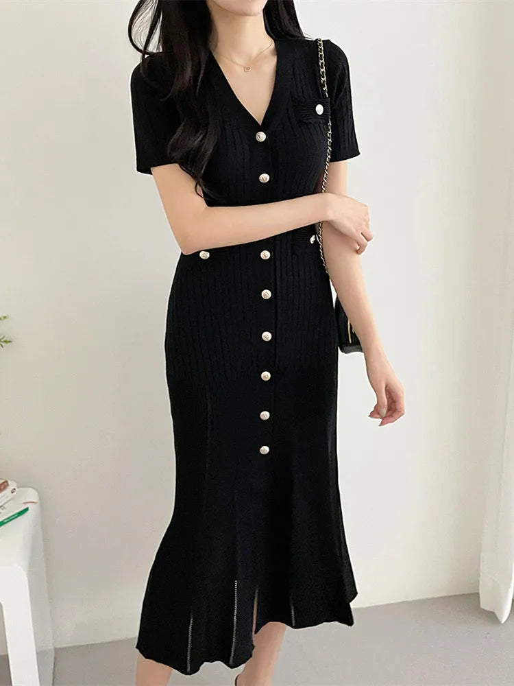 Summer Midi Dress Women Knitted Black Bodycon Korea