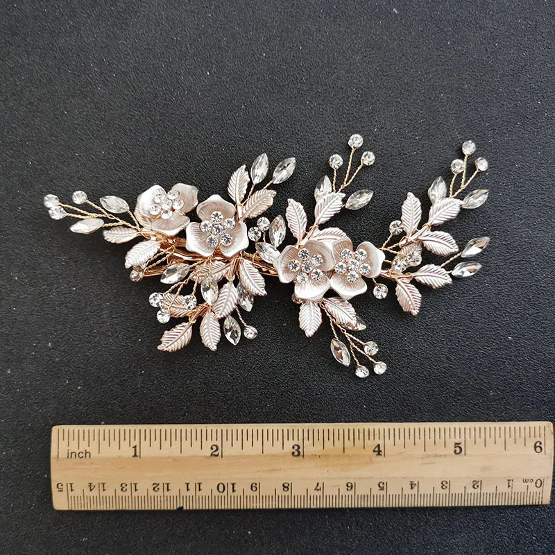 SLBRIDAL Handmade Golden Austrian Crystals Rhinestones Flower Leaf