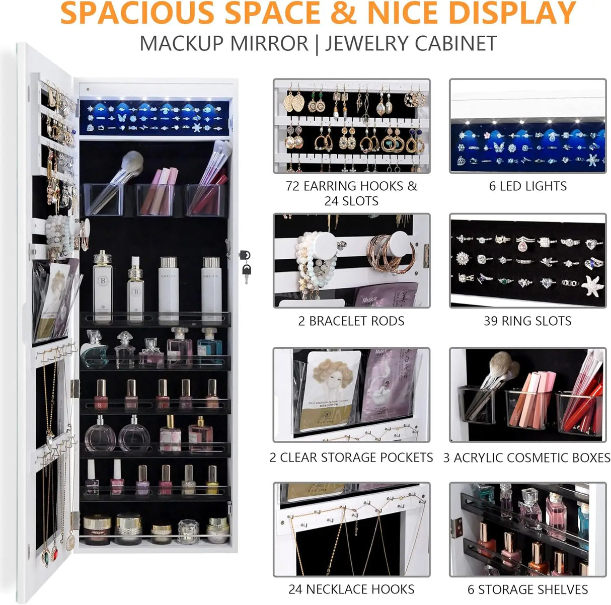 LED Mirror Jewelry Cabinet, Wall / Door Jewelry