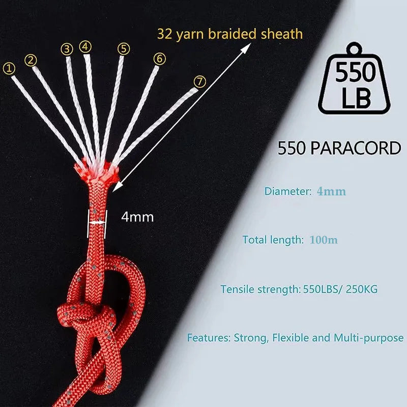 100m 550 Military Reflective Paracord 7 Strand 4mm