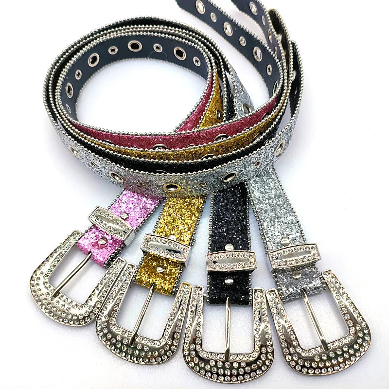 Goth for rhinestone Belts Women PU Leather Strap