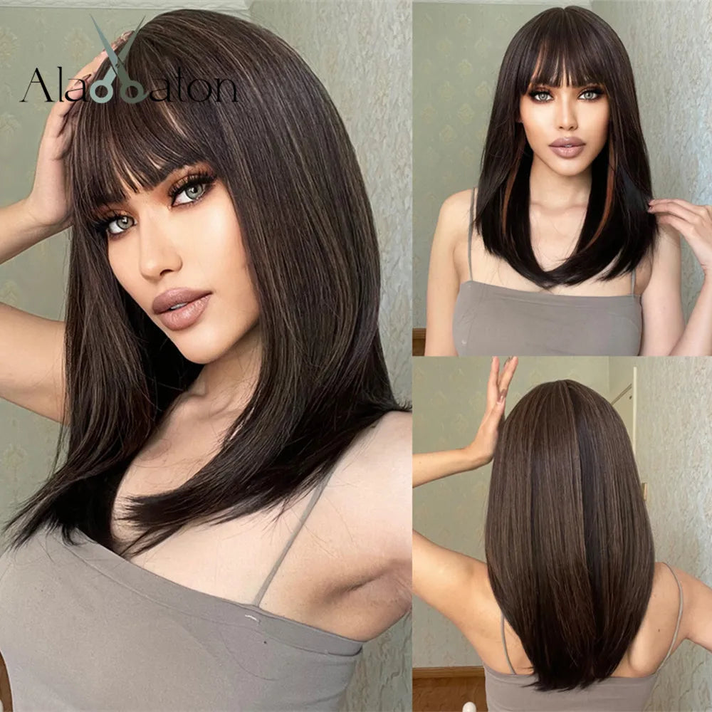 ALAN EATON Chestnut Brown Wavy Synthetic Wigs with