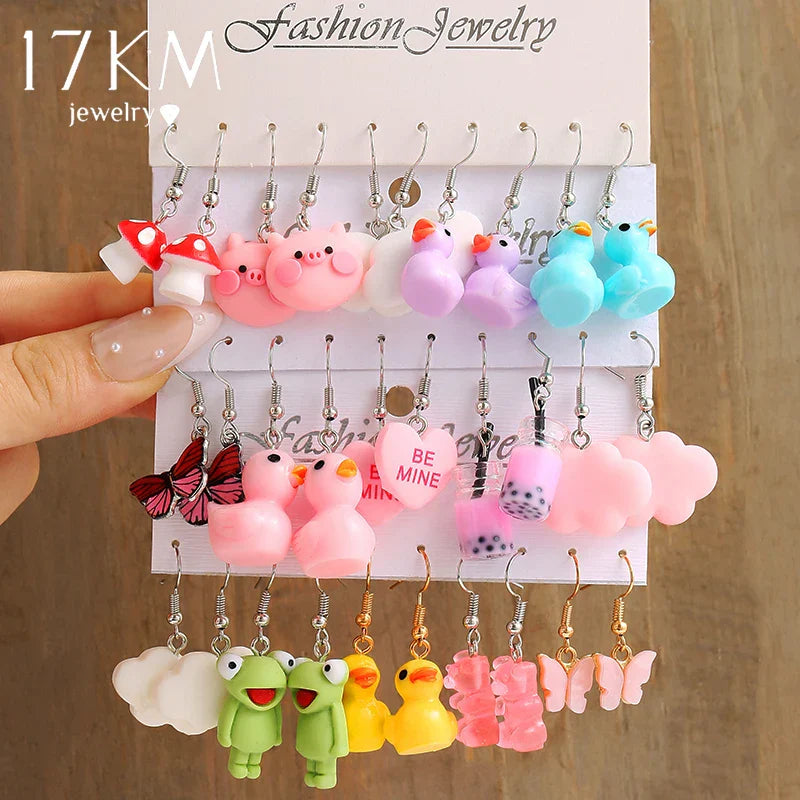 17KM Cartoon Frog Duck Earrings Set Animal Butterfly
