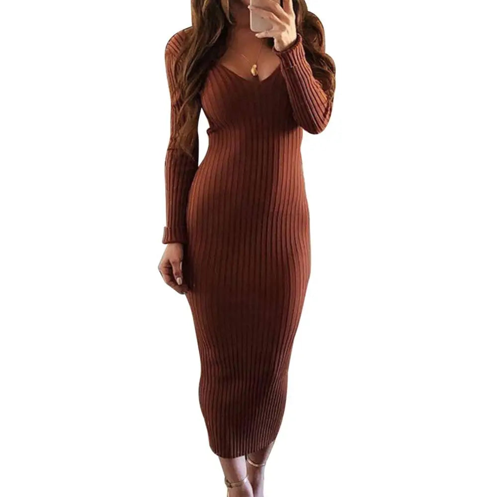 Sexy Backless Bodycon Long Sleeve Dress Slim Midi