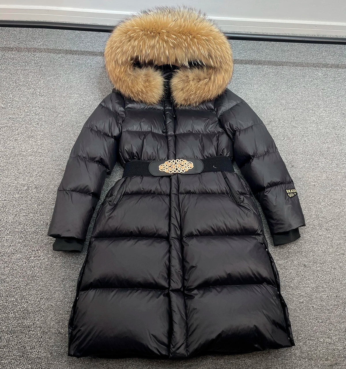 Janveny Large Real Raccoon Fur Hooded Shiny Waterproof