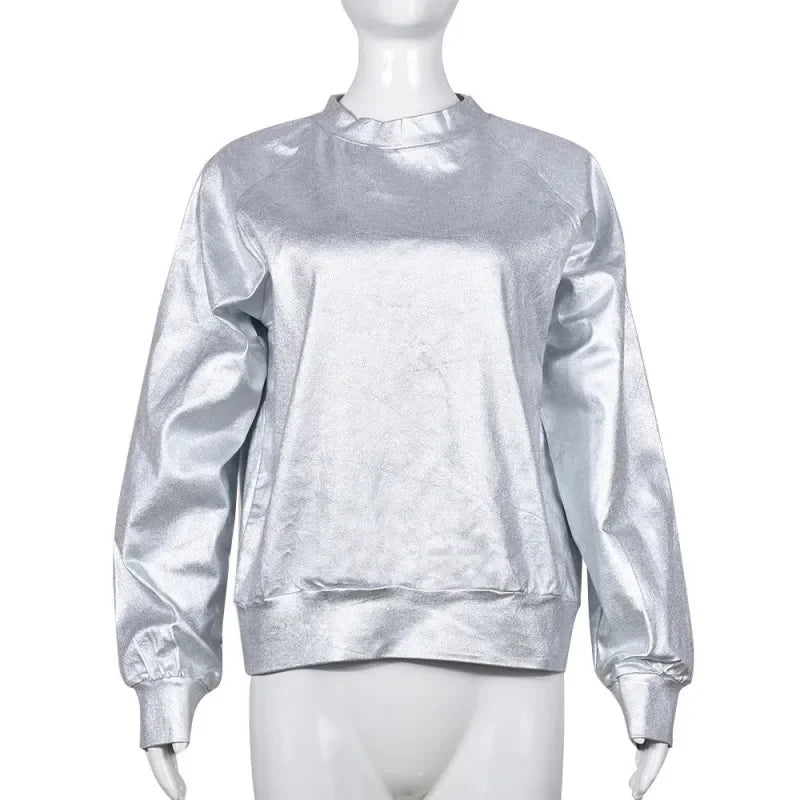 Silver Metallic PU Sweatshirt For Women Long Sleeve
