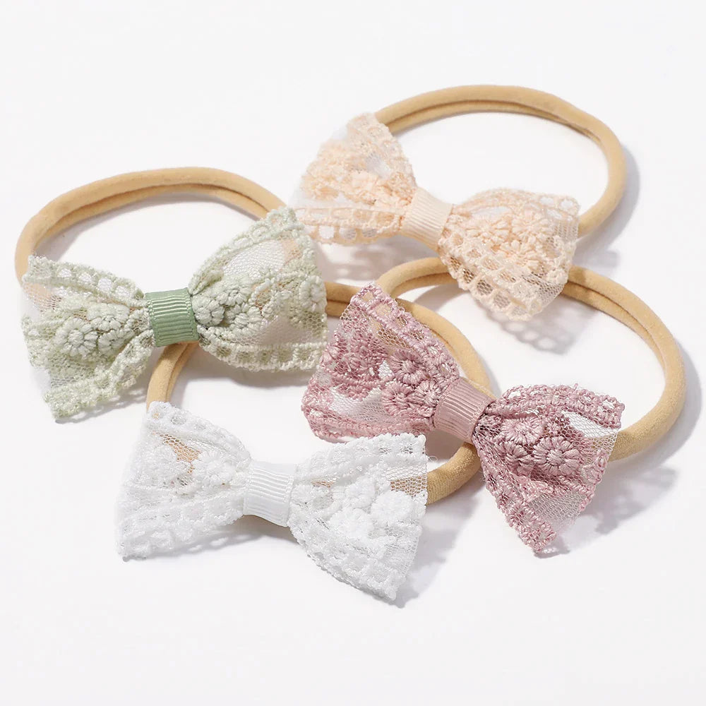 2Pcs Newborn Elastic Hair Bands Lace Bows Soft