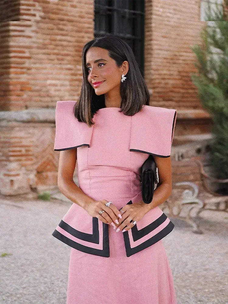 Pink Contrasting Colors Patchwork Fly Sleeve Midi Dress