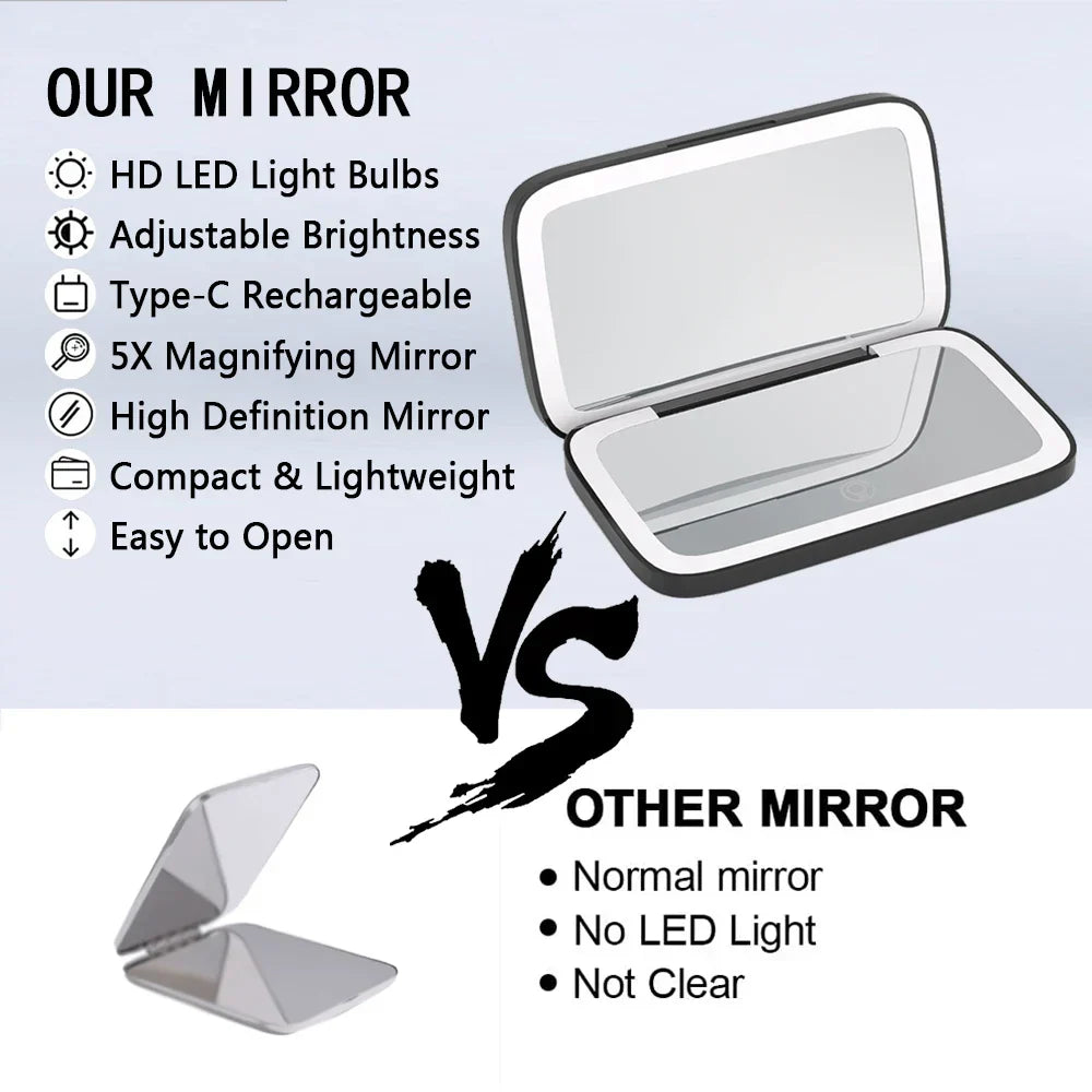 Mini Portable Folding Makeup Mirror With Led Lights 5X Magnifying Compact Pocket Travel Aesthetic Vanity Mirrors Make Up Tools