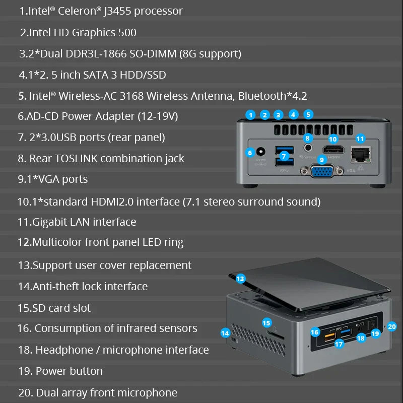 Intel NUC6CAYH Celeron J3455 Mini PC Dual DDR3L