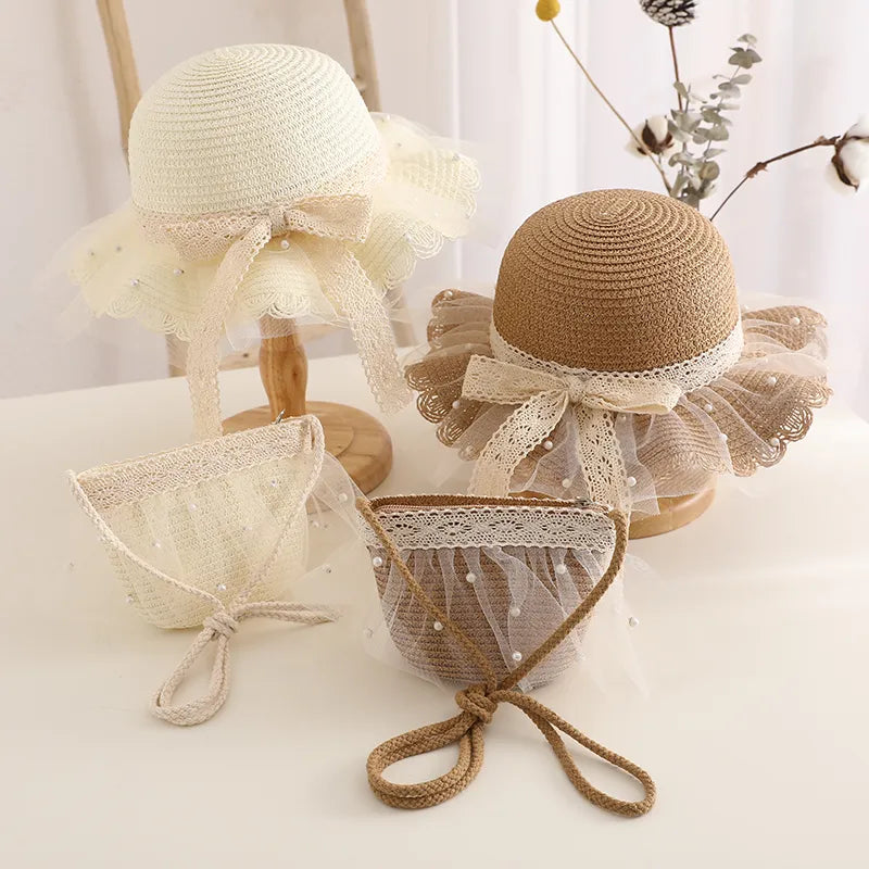 Kids Girls Straw Hat Handbag Set Wide Brim Lace Bow Sun Protection Cap Summer Beach Bucket Cap Portable Handbag панама Gorras