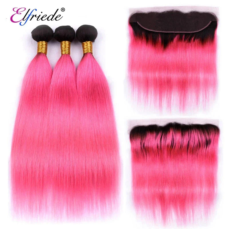 Elfriede 1BPink Straight Ombre Colored Hair Bundles with