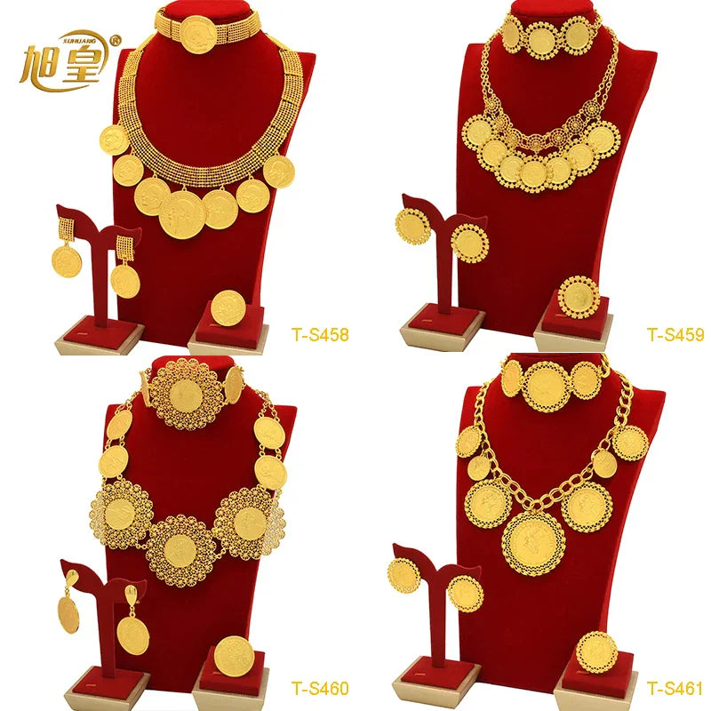 African 24K Gold Color Coins Necklace Bracelet Sets