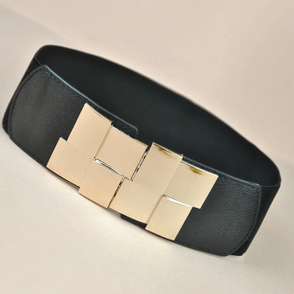 New Women Elastic Waist Closure Wide Belt Gold