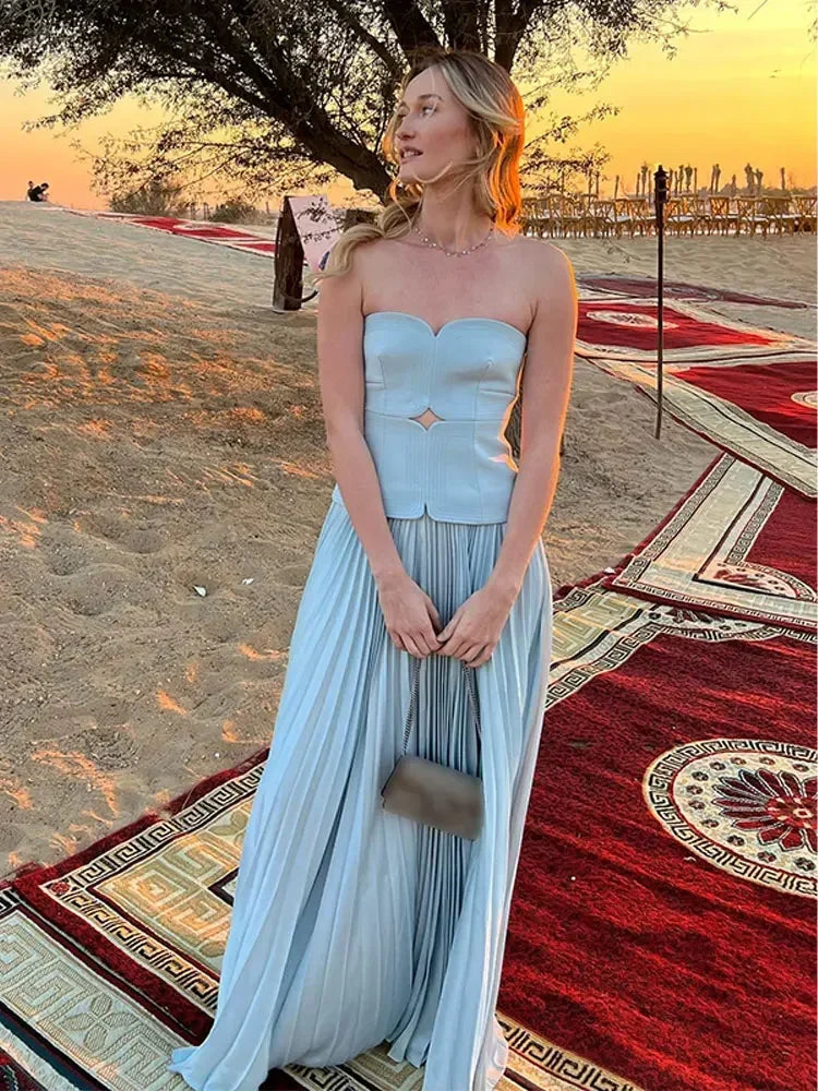 Elegant Strapless Patchwork Pleated Long Dress Women Sexy